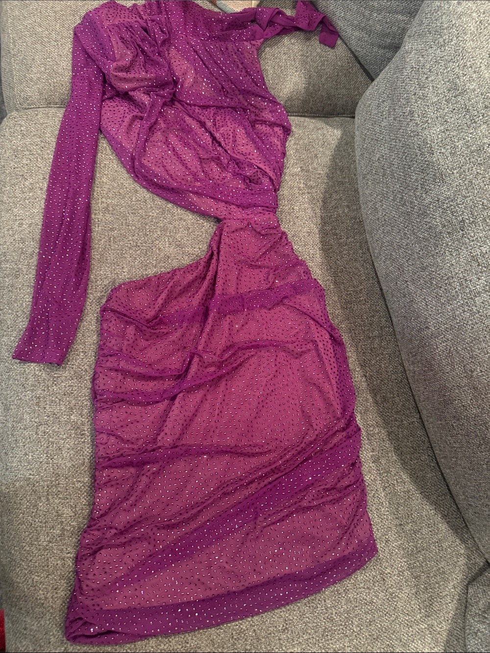 Rhinestone-Embellished One-Shoulder Purple Mesh Dress
